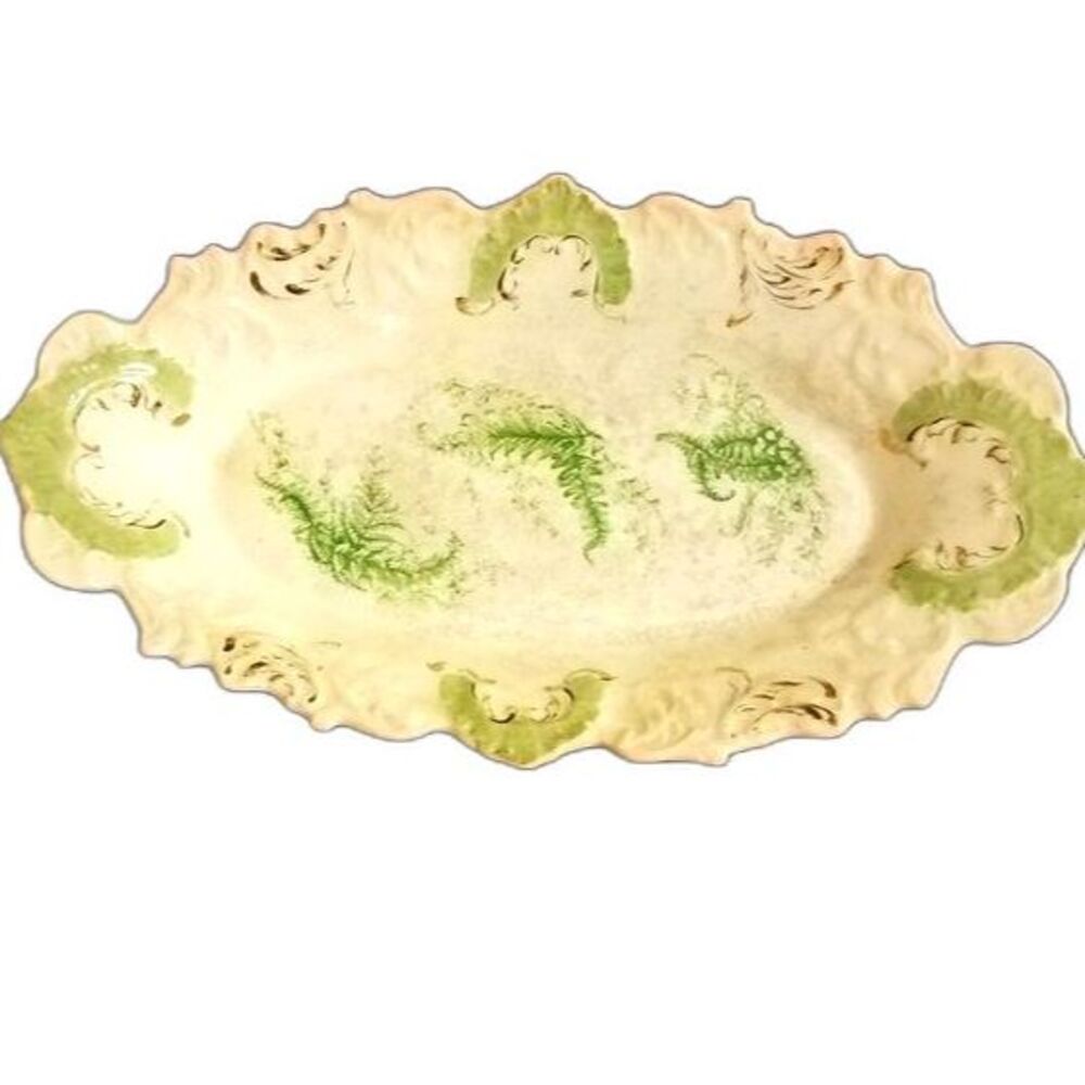 Antique La Francaise Porcelain Fern Platter 14" Scalloped Gold Trim 1900s EUC